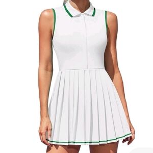 Attraco Women's white Tennis-outdoor activity Dress w/ Green Trim. Pleated skirt